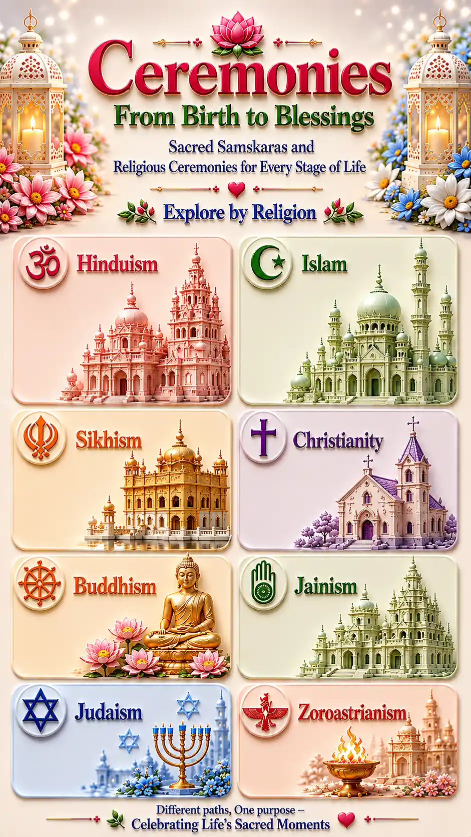 Ceremonies from birth to blessings — Hinduism, Islam, Sikhism, Christianity, Buddhism, Jainism, Judaism and Zoroastrianism