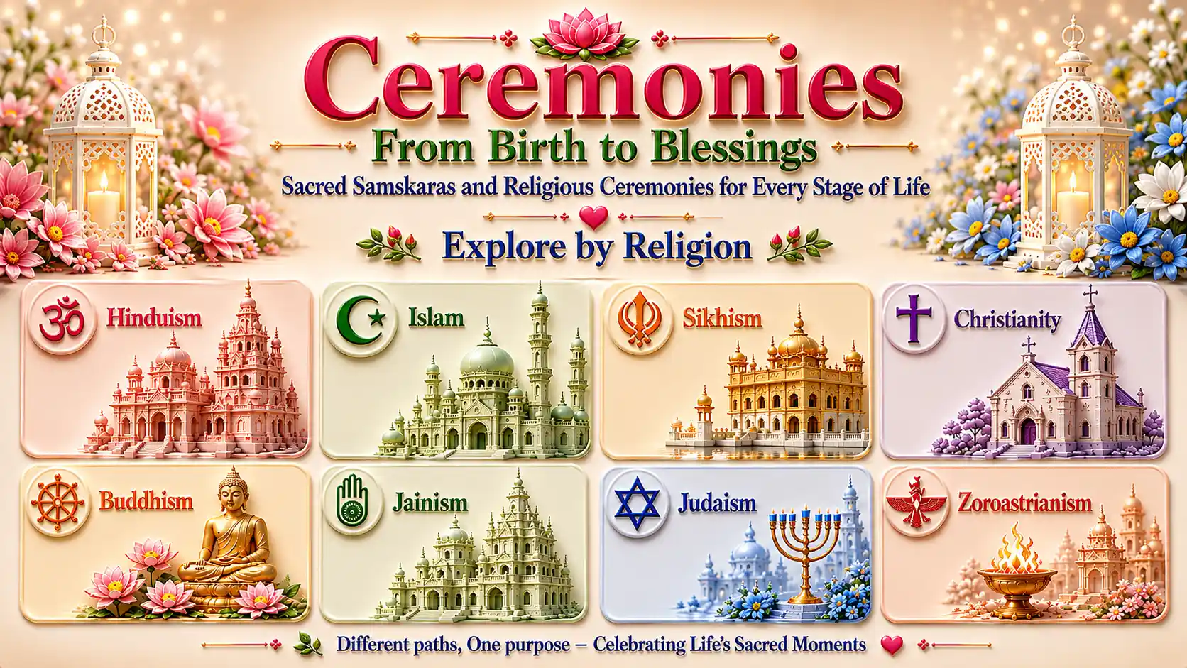 Ceremonies from birth to blessings — Hinduism, Islam, Sikhism, Christianity, Buddhism, Jainism, Judaism and Zoroastrianism