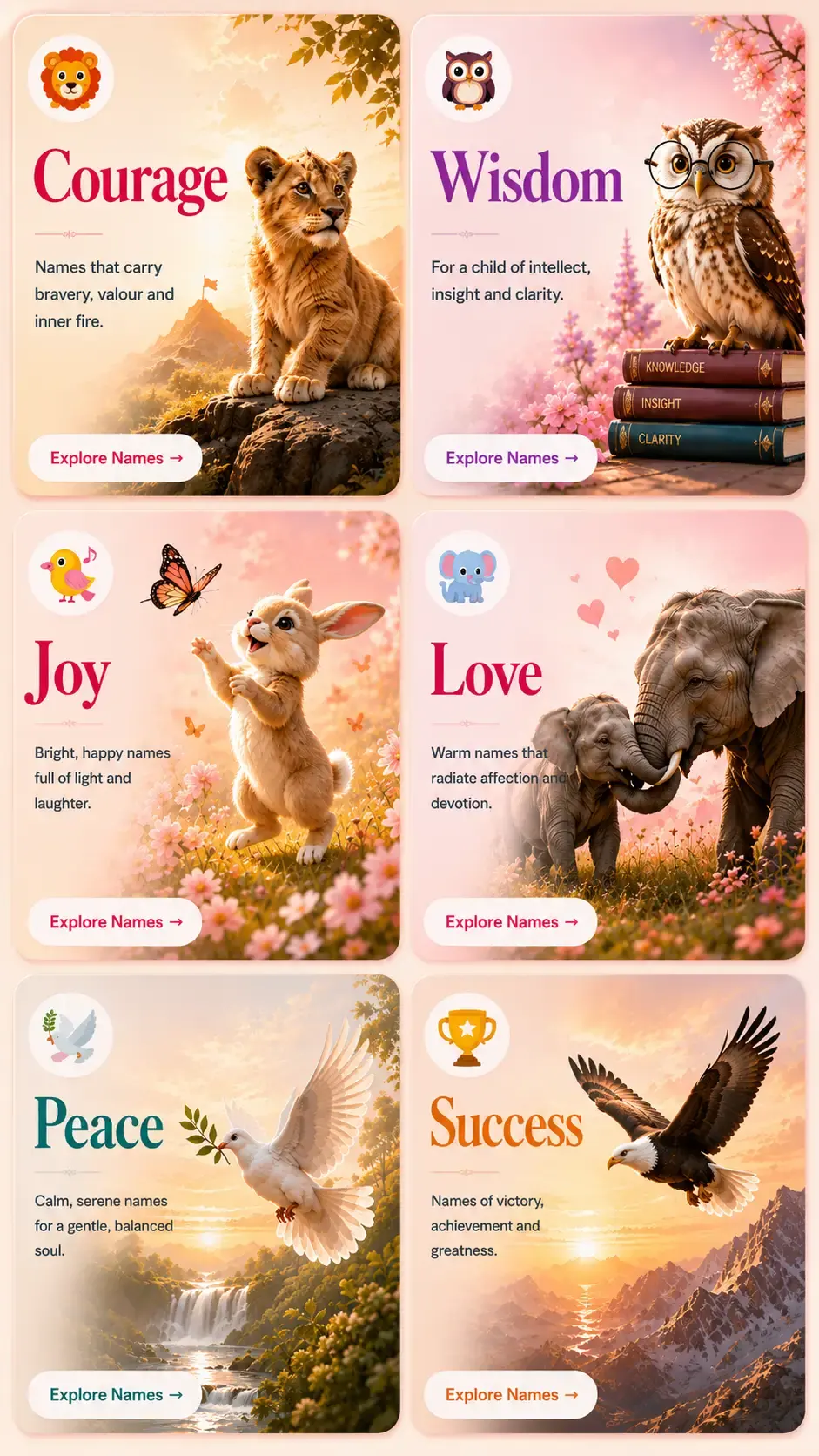Names by emotion — Courage, Wisdom, Joy, Love, Peace and Success baby names