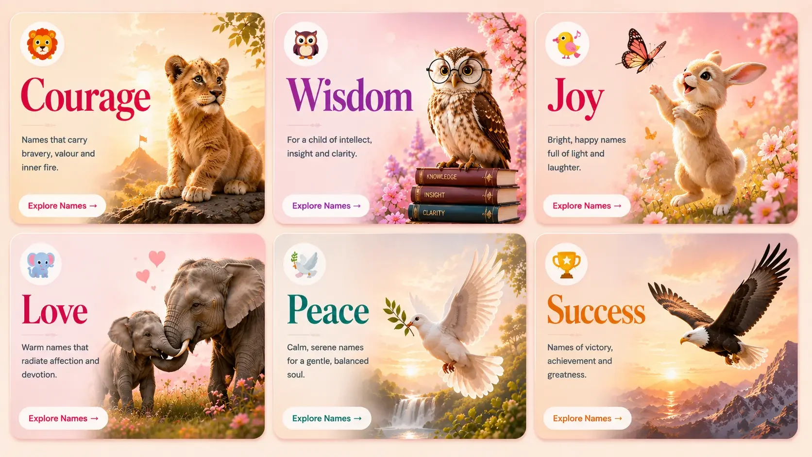 Names by emotion — Courage, Wisdom, Joy, Love, Peace and Success baby names