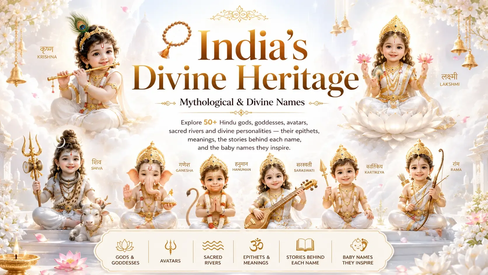 India's Divine Heritage — mythological and divine names: Krishna, Lakshmi, Shiva, Ganesha, Hanuman, Saraswati, Kartikeya, Rama and more