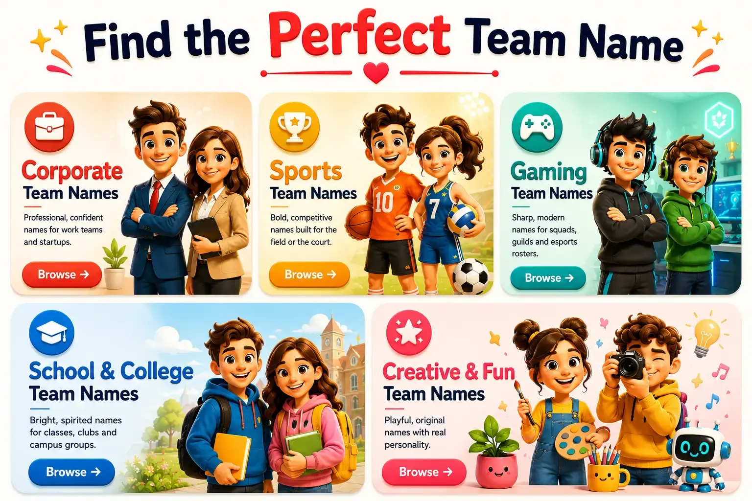 Find the perfect team name — Corporate, Sports, Gaming, School & College, and Creative & Fun team names